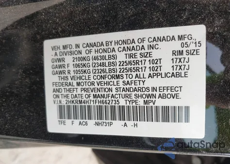 2015 Honda Cr-V Ex-L из США, поврежденный, VIN 2HKRM4H71FH662735